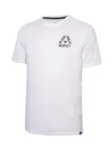 Remera blanca de hombre Under Armour Project Rock, de corte clásico y mangas cortas. Presenta un estampado en el pecho con el logo de Project Rock y la frase "Blood, Sweat, Respect".