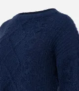Suéter azul marino de chenille con cuello redondo y mangas largas.