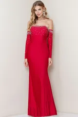 Vestido largo de fiesta negro, strapless, con mangas largas separadas y apliques de strass en el busto y en los puños.