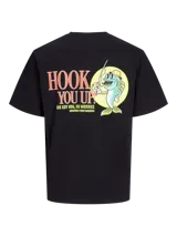Camiseta negra de manga corta y cuello redondo con fit holgado. Estampa pequeña en el pecho con texto "Book You Up! Originals From Business".
