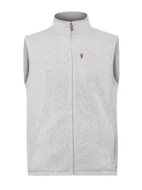 Chaleco gris jaspeado con cierre frontal, confeccionado en poliéster reciclado con interior de micropolar. Cuenta con dos bolsillos exteriores a la altura de la cintura, un bolsillo en el pecho con cierre y dos bolsillos interiores.