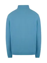 Sweater celeste de punto con cuello alto y cierre frontal completo.