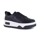 Zapatillas deportivas negras con suela blanca, diseño moderno y cómodo para el uso diario.