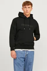 Canguro negro con capucha y cordones ajustables. Estampado frontal con la leyenda "Originals Jack & Jones".