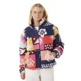 Canguro de polar fleece multicolor con cierre frontal y cuello alto. Presenta un diseño de patchwork con estampados florales y geométricos en tonos azul marino, rosa, amarillo y rojo.