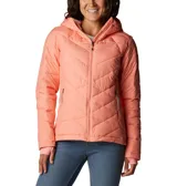 Campera puffer color salmón con capucha, cierre frontal y bolsillos laterales con cierre. Cuenta con tecnología termorreflectante Omni-Heat™ y puños con orificios para los pulgares.