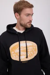 Hoodie negro con capucha y manga larga, de corte holgado y estampado ovalado en el pecho.