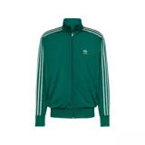 Campera verde de corte regular con cierre frontal y tres franjas en las mangas.
