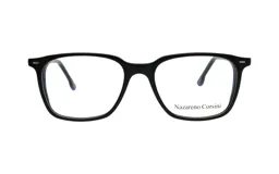 Armazón para anteojos de acetato negro, de forma rectangular con bordes redondeados.
