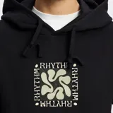 Canguro negro con capucha, bolsillo delantero y logo estampado en el pecho.