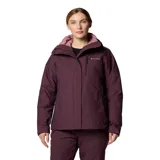 Campera Columbia Whirlibird V Interchange para mujer, color borgoña con interior rosa. Sistema Interchange 3 en 1 con capa exterior impermeable Omni-Tech™ y capa interior aislante Thermator™ de poliéster reciclado. Capucha ajustable, ventilación en las axilas, faldón para nieve, múltiples bolsillos y puños ajustables.