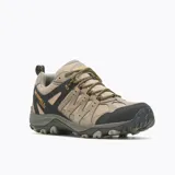 Sneaker de senderismo Merrell Accentor 3 WP, color beige con detalles en negro y cordones bicolores. Capellada de ante y malla impermeable, puntera reforzada, forro de malla reciclada, plantilla de EVA removible, entresuela de EVA ligera, amortiguación Merrell Air Cushion y suela de goma con tracción.