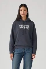 Buzo hoodie gris oscuro con logo Levi's estampado en blanco en el frente, con cordones ajustables en la capucha y bolsillo tipo canguro.