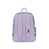 Mochila JanSport Superbreak Plus con estampado de flores pixeladas en tonos pastel y logo de la marca en color lila.