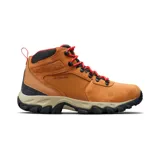 Bota de trekking Columbia Newton Ridge II, color marrón con detalles en negro y rojo. Fabricada en cuero y material sintético impermeable, con suela de goma Omni-Grip para mayor tracción.