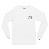 Remera blanca de manga larga con cuello redondo y estampado de un dinosaurio haciendo skate.