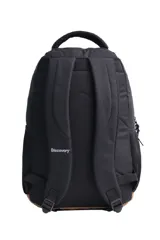 Mochila gris con base negra, tiras regulables, porta botellas, bolsillos frontales y organizador interno.