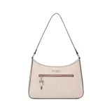 Bolso de hombro Guess modelo Tana, con estampado del logo de la marca en tonos beige y rosa pálido. Tiene correa fina ajustable, cierre superior y bolsillo externo con cierre. Incluye llavero con dijes de la marca.
