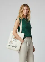 Bolso tote color beige con estampado de tazas de café y la palabra "croissants".