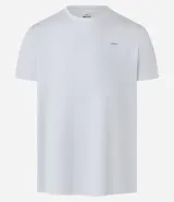 Remera deportiva blanca de poliéster, con cuello redondo, mangas cortas y recortes laterales.