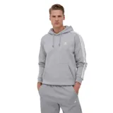 Canguro Adidas gris con capucha y cordones ajustables, bolsillo tipo canguro y logo bordado en el pecho. Presenta las tres rayas características de la marca en color blanco a lo largo de las mangas.