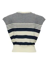 Top tejido sin mangas con cuello redondo y corte regular. Diseño a rayas horizontales en color crema y azul marino. Confeccionado en punto plano, combina confort, flexibilidad y un look limpio, ideal para usar en cualquier temporada.
