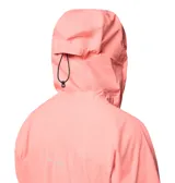 Campera impermeable Columbia Northwest Explorer 3 para mujer, color salmón. Cuenta con capucha fija ajustable, cierre frontal con cremallera, bolsillos laterales con cremallera, puños ajustables y dobladillo ajustable con cordón.