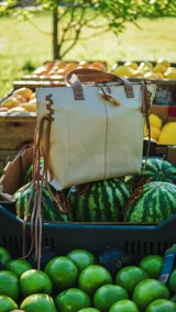 Cartera tipo tote de cuero color blanco con manchas doradas, doble asa corta y flecos de cuero en los laterales.