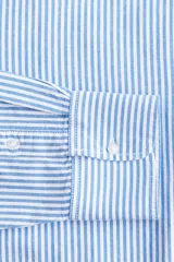Camisa Oxford de algodón a rayas verticales celestes y blancas, con cuello clásico, botones frontales, canesú en la espalda, corte relajado, hombros caídos, mangas largas con puños sencillos y bajo redondeado con espalda más larga.