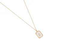 Collar de acero con baño de oro y dije rectangular con nácar y circonia.