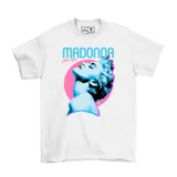 Remera blanca de algodón con estampado de Madonna en azul y rosa.