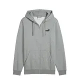 Campera gris de Puma con cierre frontal, capucha con cordones ajustables, bolsillos laterales y logo estampado en el pecho.