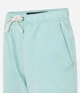 Bermuda casual de hombre color celeste, hecha en tela texturizada, con cintura elástica, cordón, bolsillo trasero con solapa y detalle de costura horizontal en las piernas.