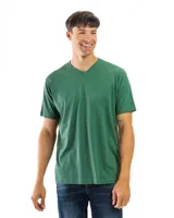 Remera color ocre de algodón con cuello en V y mangas cortas.