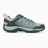 Zapatillas de senderismo Merrell Crosslander 3, color gris con detalles en negro y turquesa. Capellada de gamuza y malla transpirable, puntera sintética resistente a la abrasión, plantilla de espuma EVA reciclada, entresuela de espuma EVA ligera y suela de goma adherente.