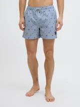 Short de baño celeste con rayas verticales blancas y estampado de motivos marinos en azul. Cuenta con cintura elástica ajustable con cordón y bolsillos laterales.