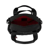 Cartera de mano y bandolera color negro con diseño acolchado. Presenta doble asa superior, correa ancha regulable y desmontable con logomanía, y cierre principal. Incluye un colgante decorativo con la inscripción 'my love' en rojo y un logo metálico frontal en forma de labios.