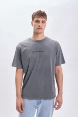 Remera gris de corte oversize con cuello redondo y mangas cortas. Estampado frontal con la frase "Take the Journey".