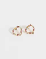 Aros pasantes dorados con forma de corazón, decorados con strass en tonos rosa y blanco.