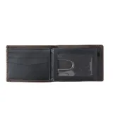 Billetera slim marrón con estampado, diseño RFID y múltiples compartimentos para tarjetas.