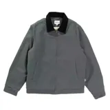 Campera gris con cuello de pana negro, cierre frontal con cremallera y bolsillos laterales.