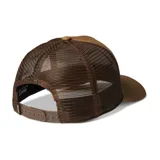 Gorro tipo trucker color marrón con panel frontal de tela y malla trasera, presenta un logo de la marca Roark.