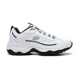 Championes Skechers E'Lite Afterburn blancos con detalles en azul marino. Capellada de cuero y material sintético con cordones. Plantilla acolchada Skechers Memory Foam y suela de tracción flexible.
