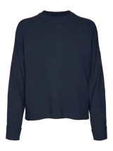 Sweater de punto azul marino con cuello redondo y mangas largas.