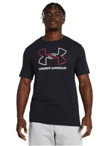 Remera negra de manga corta con logo Under Armour en el pecho, delineado en blanco y rojo.