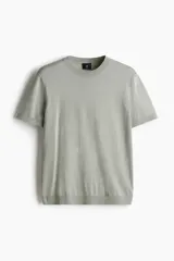 Remera verde claro de punto fino suave con remate acanalado en cuello, mangas y bajo. Corte ajustado que realza el contorno del cuerpo creando una silueta entallada.