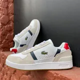 Championes Lacoste T-Clip Tricolour de cuero blanco con detalles en azul marino y rojo.