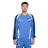 Buzo deportivo de manga larga, color celeste/azul claro, con paneles laterales y mangas en azul oscuro. Presenta cuello redondo, puños y ruedo acanalados. Incluye el escudo del Club Nacional de Football bordado en el pecho izquierdo y el logo de Umbro en el pecho derecho.