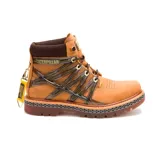 Bota Caterpillar unisex color marrón, modelo Golden Gate, inspirada en el puente Golden Gate de San Francisco. Presenta estructura en forma de jaula, paneles de malla, detalles dorados y parche conmemorativo del centenario de la marca.