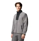 Campera polar Columbia Sequoia Grove color gris con detalles en negro, cierre frontal completo, cuello alto, bolsillos laterales con cierre y logo bordado en el pecho.